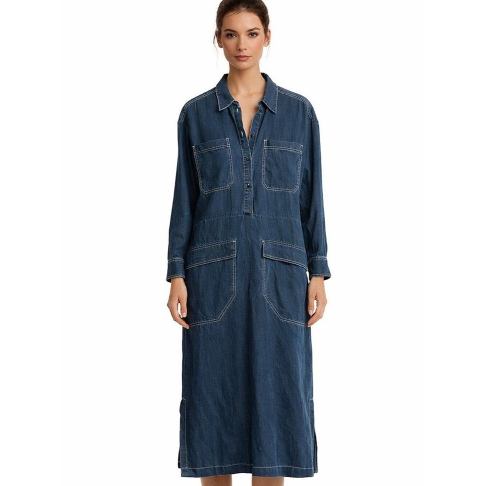 Bimba y Lola Denim Shirt Dress Size Medium Blue Utility Pockets Casual Chic